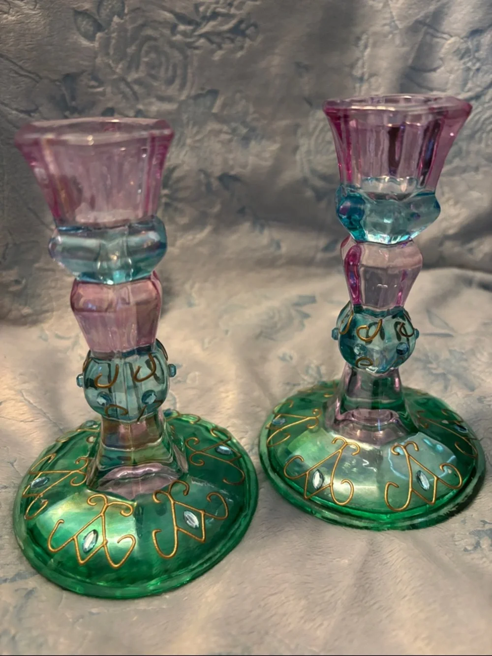 Party Lite Glass Votive Holder & Candlesticks - Pastel Purple, Teal & Green - Picture 4 of 5